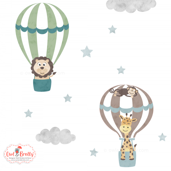 Jungle Animal Adventure Hot Air Balloons Wall Stickers (Muted Neutral Colours) - Image 2