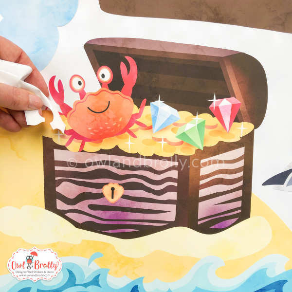 Pirate treasure chest wall sticker complete with friendly crab by Owl and Brolly