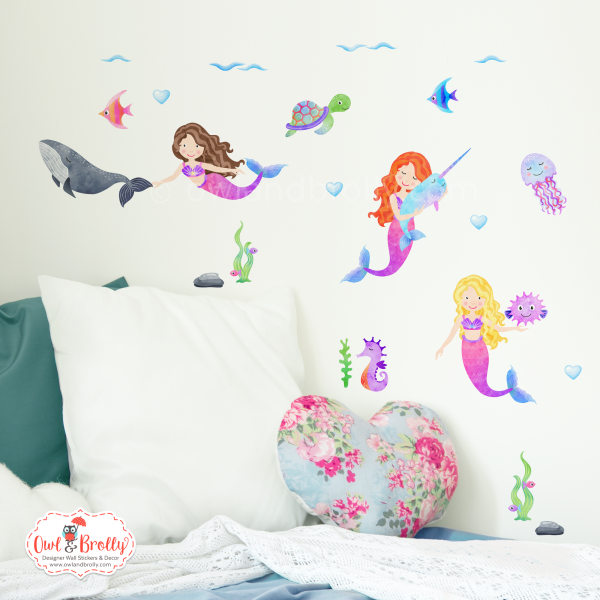 Mermaid Wall Sticker Decals in Pinks (smaller spaces collection)