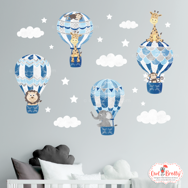 Jungle Animal Hot Air Balloons Wall Sticker Decals (Vintage Blues and Greys)