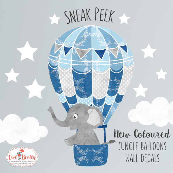 Jungle Animal Hot Air Balloons Wall Sticker Decals (Vintage Blues and Greys) - Image 2
