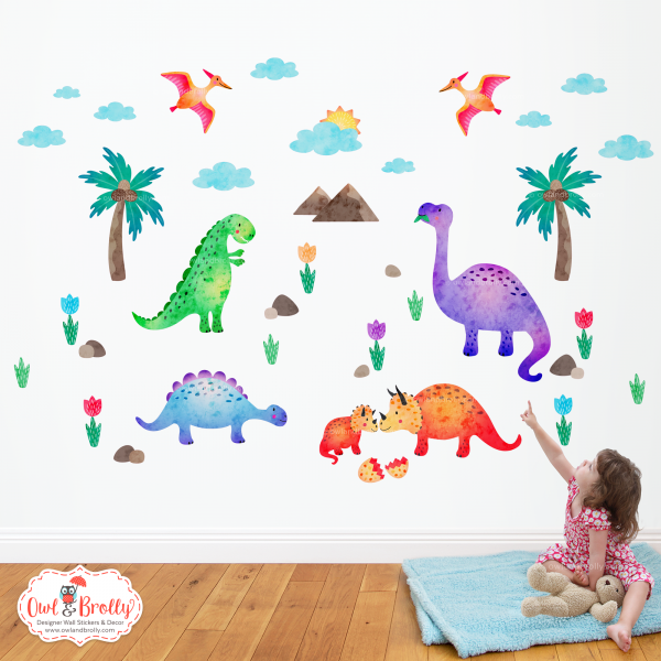 Dinosaur Wall Stickers Medium Scene (Green Red Orange Purple Blue)