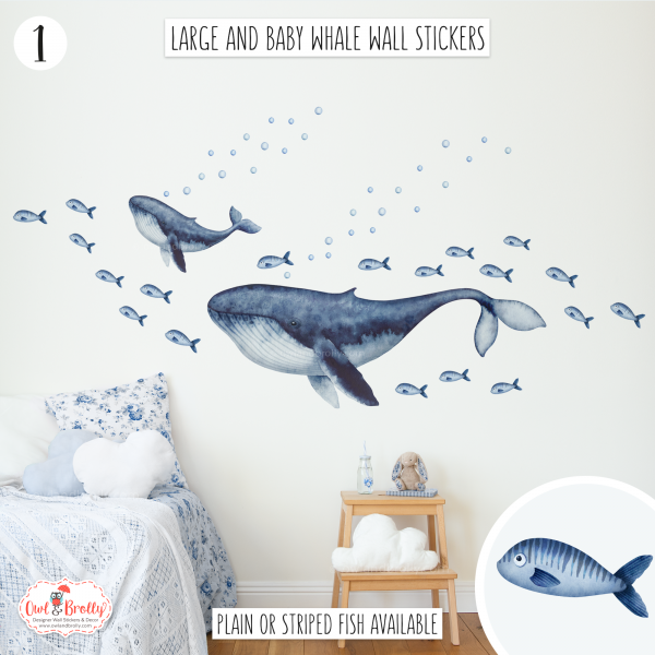 Watercolour Whale Wall Sticker Decals - Large Set With Mother, Baby Whale and Fish