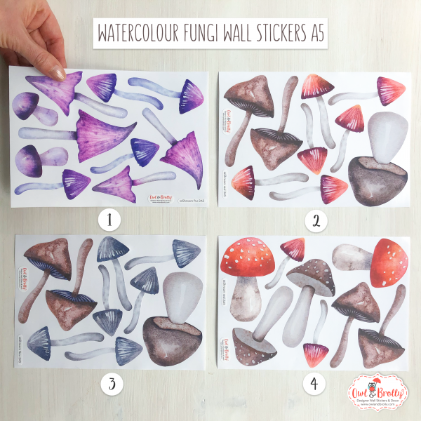 Watercolour Mushroom Wall Stickers Assorted Colours (smaller spaces collection A5 size)