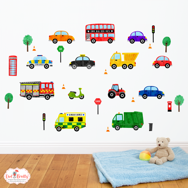 Transport Cars Emergency Vehicle Fabric Wall Sticker Decals Medium Scene Bright Colours