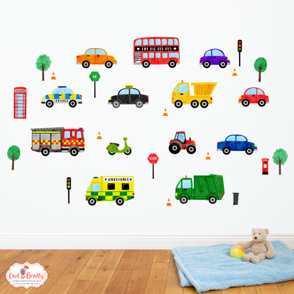 Transport Cars Emergency Vehicle Fabric Wall Sticker Decals Large Scene Bright Colours