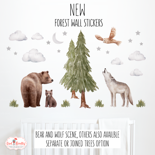 Watercolour Forest Animals Wolf and Bears Wall Stickers Decals (Small Set)