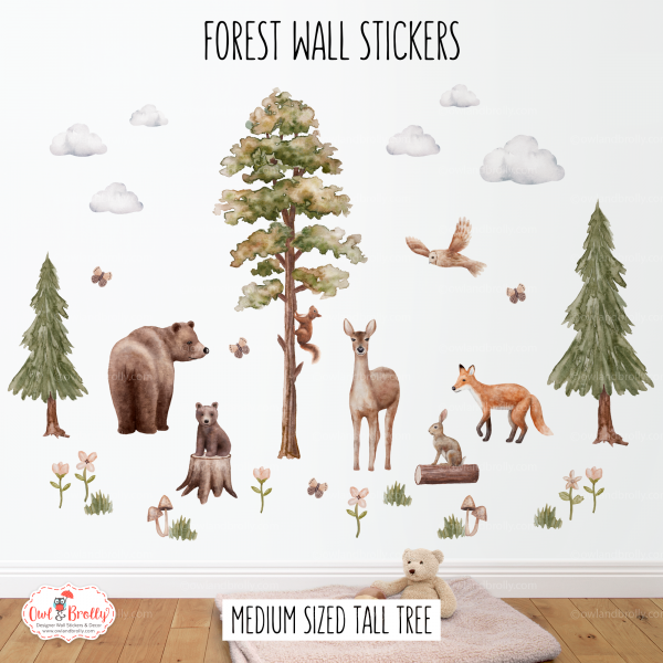 Watercolour Forest Animals Wall Stickers Decals Range (Large Set + Medium Tall Tree)