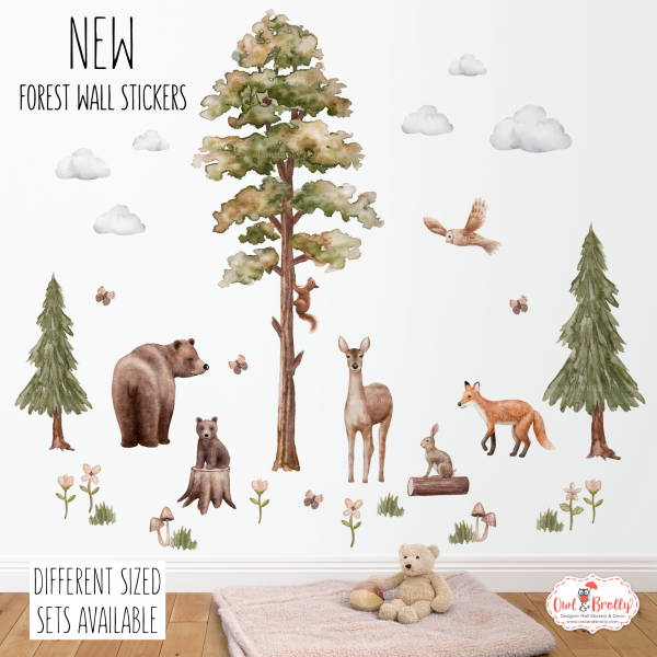 Watercolour Forest Animals Wall Stickers Decals Range (Large Set + Large Tall Tree)