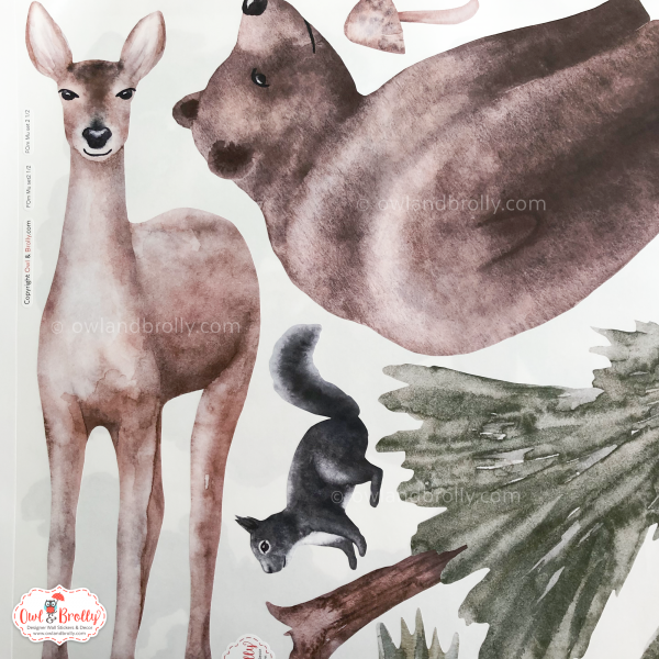Watercolour Forest Animals Wall Stickers Decals Range (Large Set With Wolf and black Squirrel + Larger Tall Tree) - Image 9