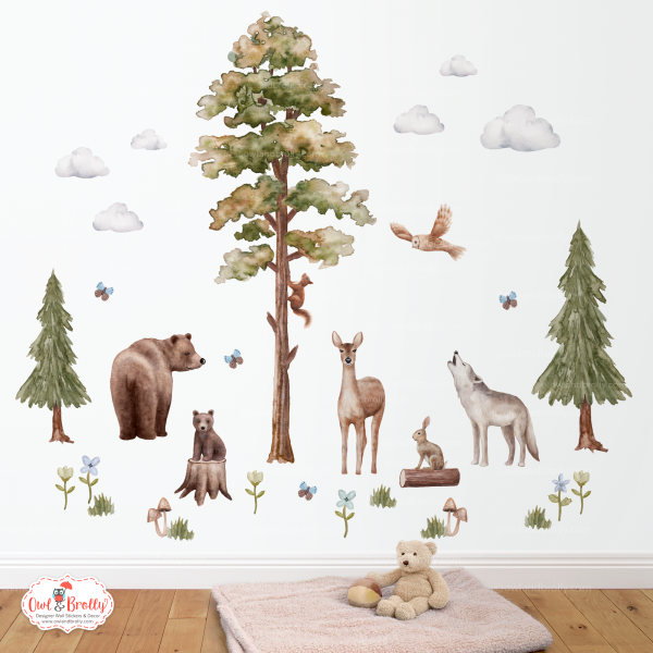 Watercolour Forest Animals Wall Stickers Decals Range Set 2 (Large Set + Large Tall Tree)