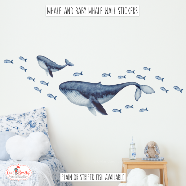 Watercolour Whale Wall Sticker Decals - Medium Set With Mother, Baby Whale and Fish