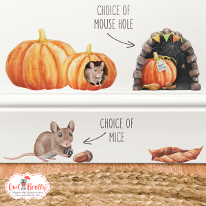 Watercolour Mouse Autumn Wall Sticker Small Set with 2 Pumpkins (Baby Mouse) - With Mouse Hole and Mice Variations