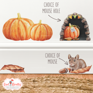 Watercolour Mouse Autumn Wall Sticker Small Set with 2 Pumpkins - With Mouse Hole and Mice Variations