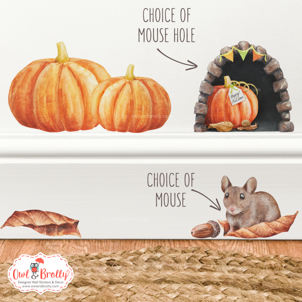Watercolour Mouse Autumn Wall Sticker Small Set with 2 Pumpkins - With Mouse Hole and Mice Variations