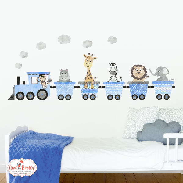 Jungle Animal Train Wall Stickers 5 Carriages - Blue and Grey