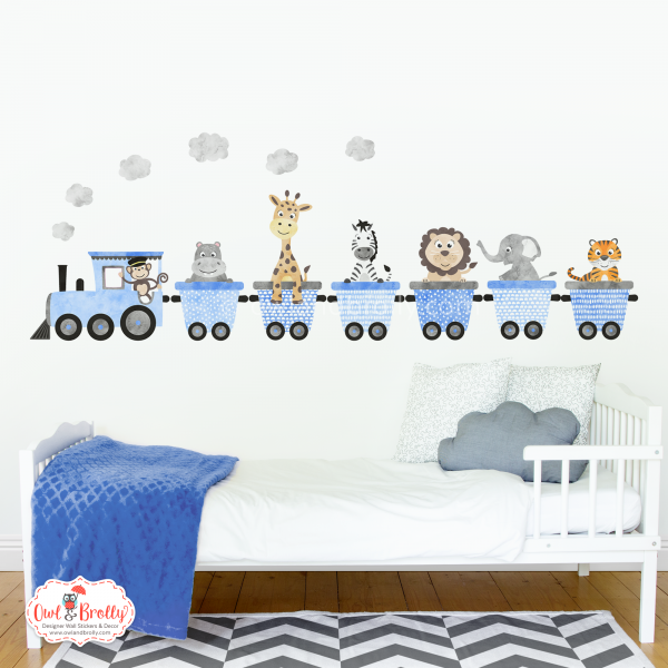 Jungle Animal Train Wall Stickers 6 Carriages - Blue and Grey
