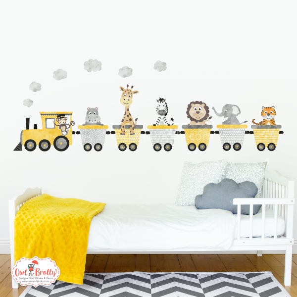 Jungle Animal Train Wall Stickers 6 Carriages - Yellow and Grey