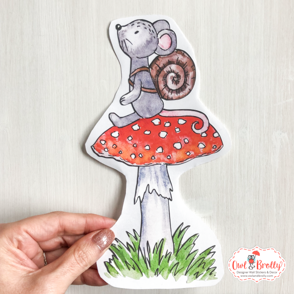 Watercolour Mouse And Snail Shell Sitting On A Toadstool