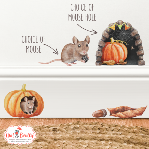 Watercolour Mouse Autumn Small Wall Sticker Set with Mouse Pumpkin - With Mouse Hole and Mice Variations