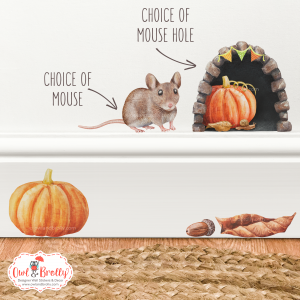 Watercolour Mouse Autumn Small Wall Sticker Set with Plain Pumpkin - With Mouse Hole and Mice Variations