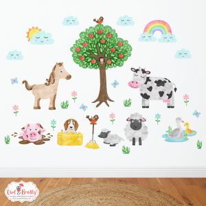 Farmyard Fabric Wall Stickers Medium Scene Pastels for White Walls and Happy Clouds, With Happy Clouds