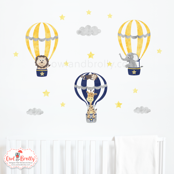 Jungle Animal 3 Hot Air Balloons Wall Stickers (Navy Blue, Yellow and Greys)
