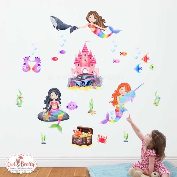 Mermaids with Castle and Underwater Animals Fabric Wall Stickers Scene (Medium scene Rainbow Colours)