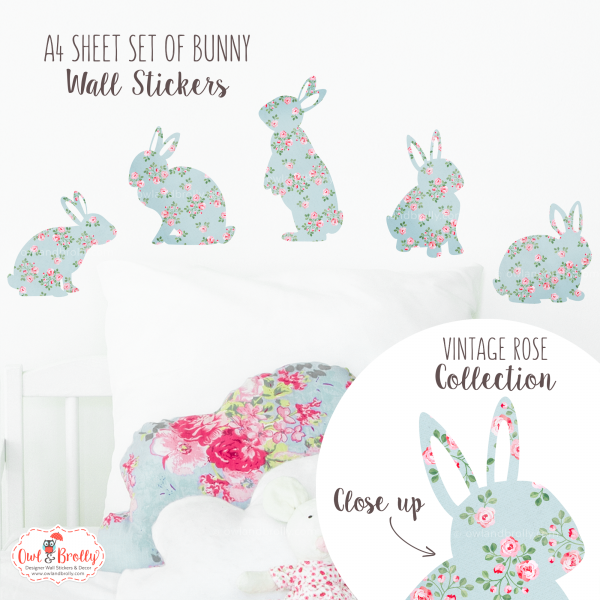 Bunny Wall Stickers - Vintage Blue Floral Fabric Print (Smaller Spaces collection)