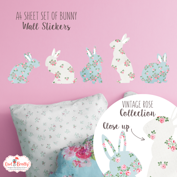 Bunny Wall Stickers - Vintage Blue and Cream Mix Floral Fabric Print (Smaller Spaces collection)