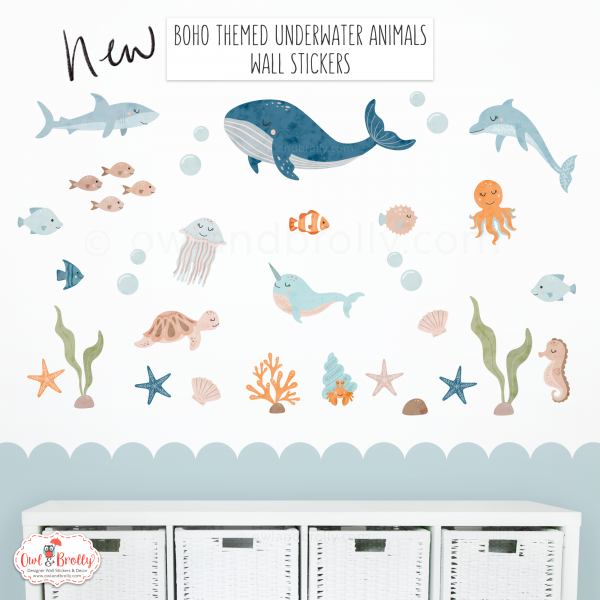 Under The Sea Animal Wall Stickers Scene Boho Style (Medium Scene Floral And Neutral Colours)