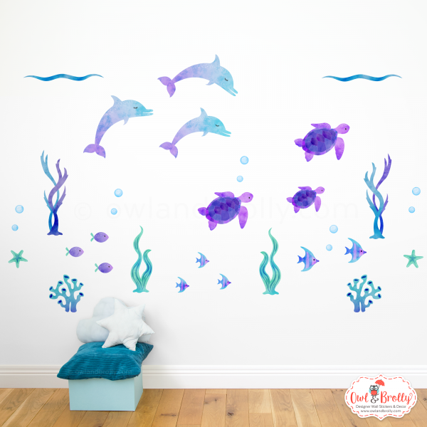 Under The Sea Turtles and Dolphin Wall Stickers Scene (Medium Scene) Purple, Aqua and Sreens