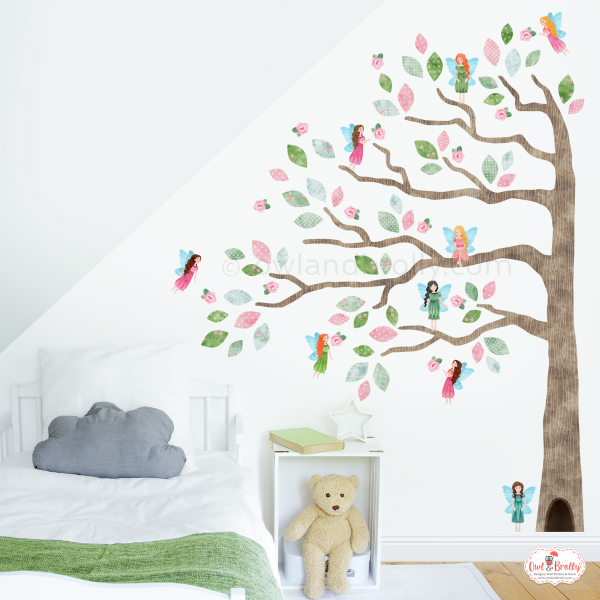Enchanted Woodland Fairies Corner Tree Wall Stickers (Large Set) With Floral Leaves