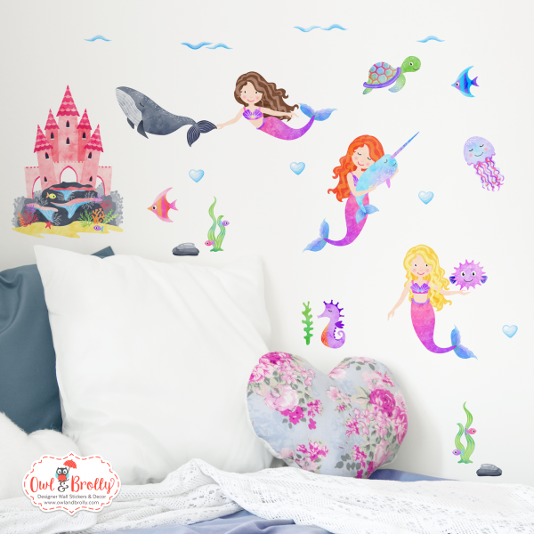 Mermaid and Small Coral Castle Wall Sticker Decals in Pinks (smaller spaces collection)