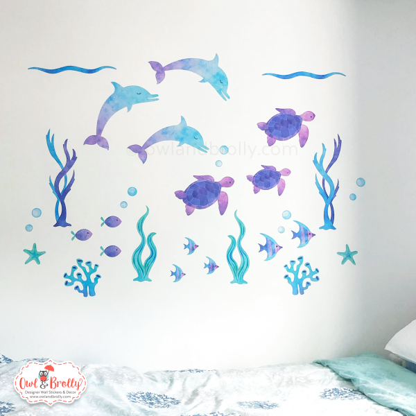 Under The Sea Turtles and Dolphin Wall Stickers Scene (Medium Scene) Purple, Aqua and Sreens - Image 2