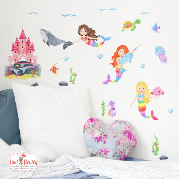 Mermaid and Small Coral Castle Wall Stickers Rainbow Colours (smaller spaces collection)