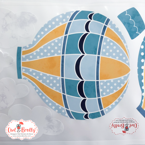 Hot Air Balloon Fabric Wall Stickers with Clouds in Mustard Yellow, Aqua, Blue and Navy - Image 5