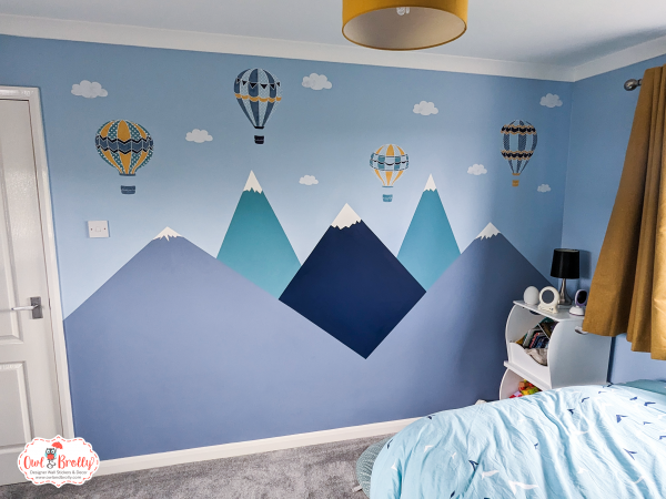 Hot Air Balloon Fabric Wall Stickers with Clouds in Mustard Yellow, Aqua, Blue and Navy