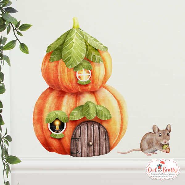 Watercolour Pumpkin Cottage Autumn Wall Sticker Set (with or without the mouse)