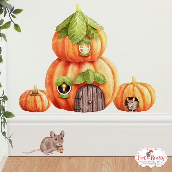 Watercolour Pumpkin Cottage Autumn Wall Sticker Set With 2 Side Pumpkins