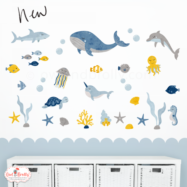 Under The Sea Animal Wall Stickers Scene Boho Scandi Style Non Floral (Medium Scene In Mustard, Greys and Blues)