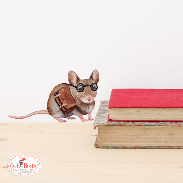 Watercolour Book Bag Mouse Wall Sticker - With Glasses