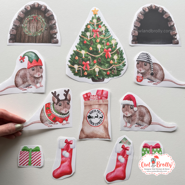 Watercolour Christmas Mouse Wall Stickers (Set F)