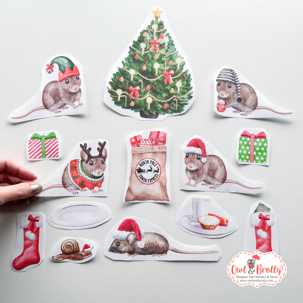 Watercolour Christmas Mouse Wall Stickers (Set D)