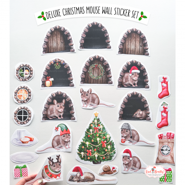Watercolour Christmas Mouse And Door Deluxe Wall Sticker Set