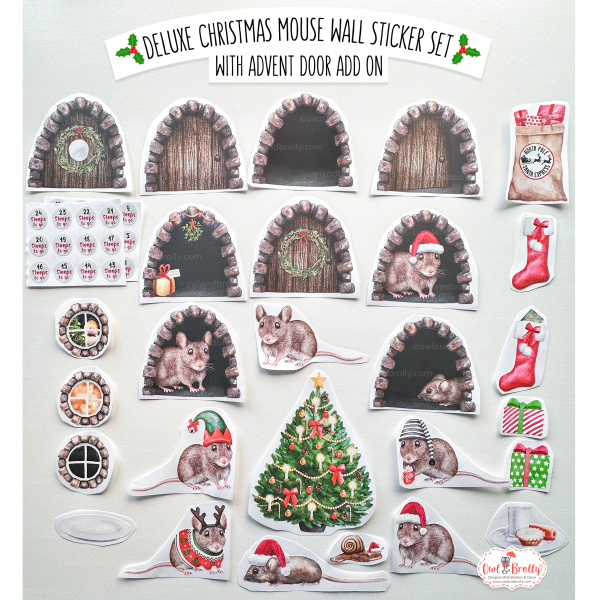 Watercolour Christmas Mouse And Door Deluxe Wall Sticker Set + Advent Door Add On