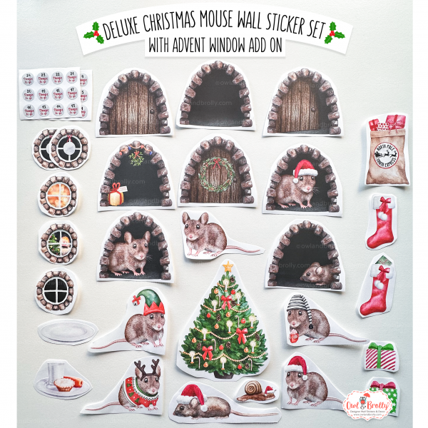 Watercolour Christmas Mouse And Door Deluxe Wall Sticker Set + Advent Window Add On