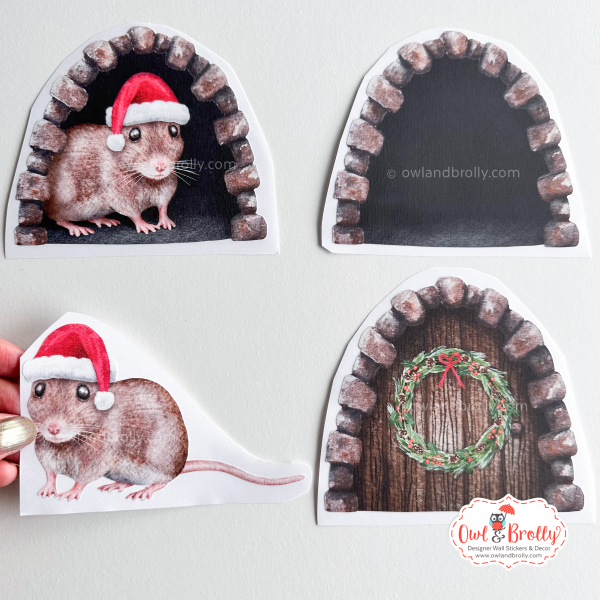 Watercolour Christmas Mouse and Mice Hole Wall Stickers Set of 4 (Smaller Spaces collection)
