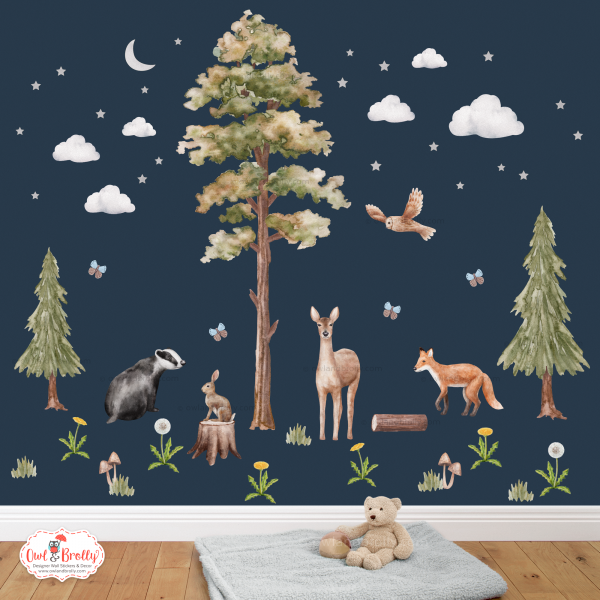Watercolour Woodland Forest Animals Wall Stickers Decals (Large Set + Large Tall Tree)