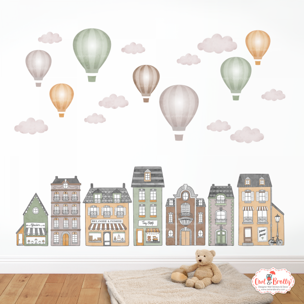 Houses and Shops 7 Set (Larger Scale) + Matching Hot Air Balloon Wall Stickers (green, browns, orange and greys)